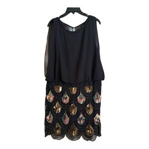 Betsy & Adam Sequin Art Deco Cocktail Dress Size 10 Black Beaded Gatsby Style